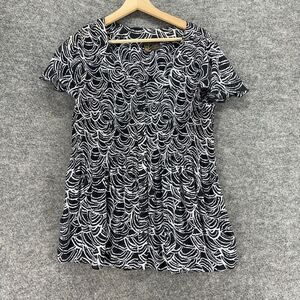 5/$45 Serenade Blouse Women 1X Plus Black Geometric Square Neck Short Sleeve